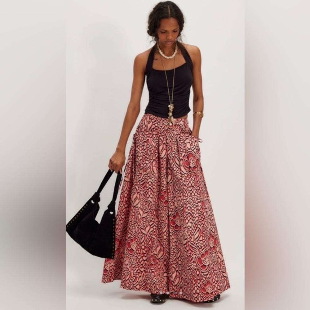 NWT Free People 0 Miss You Most Wide Leg Pants in Red Combo New Cotton Pockets